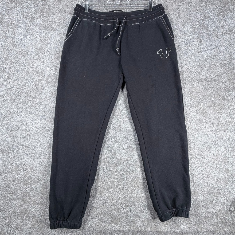 True Religion Big T Mid Rise Jogger Pants Womens L Black Fleece Drawstring Waist